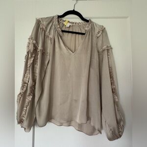 Chelsea & Violet Taupe Ruffle Long Sleeve Blouse V Neck Size M